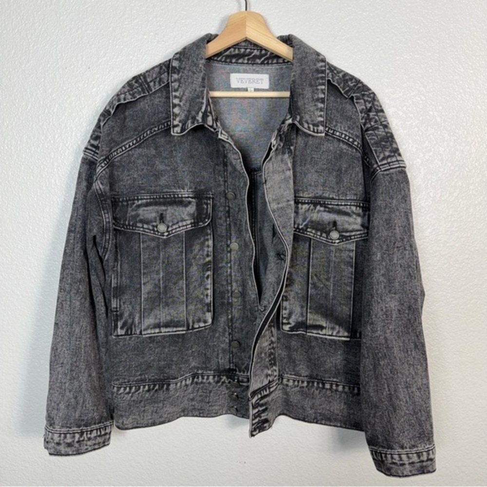 Veveret Size Large Womens 90s Grunge Oversized Grey‎ Stone Washed Denim Jacket